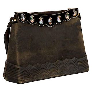 Elegant French Limoges Enamel and Black Suede Purse Handbag, George Baring, 1950
