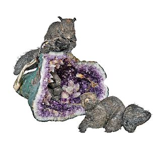 Gianmaria Buccellati - Three silver squirrels and geode of amethyst, defects, Gianmaria Buccellati