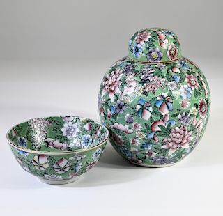 Late 19th C Chinese Kangxi Style Green Jar & Bowl