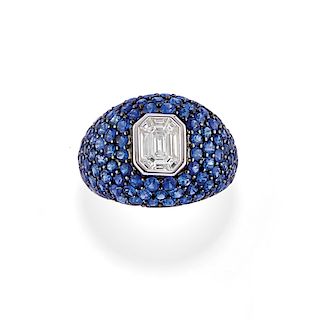A 18K white and burnished gold, diamond and sapphire ring
