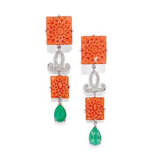 A 18K white gold, coral, emerald and diamond earring