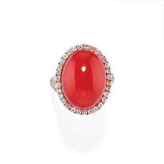 A 18K red gold, coral and diamond ring