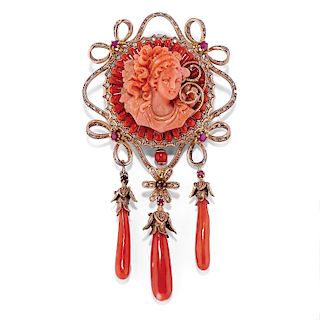 A 9K red gold, coral, diamond and ruby brooch