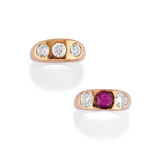 A couple of 18K gold, ruby and diamond rings