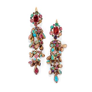 A 18K gold and colored gemstones pendant earrings, 19th Century
