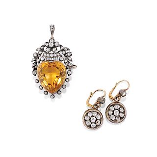 A silver, 18K, 14K yellow gold, diamond and topaz pendant-brooch and earring