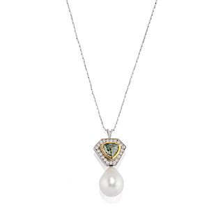 A two color 18K gold cultivated pearl, diamond and green gemstone necklace