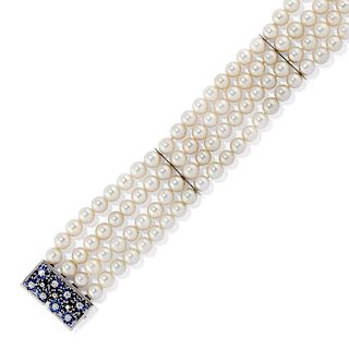 A 18K cultured pearl, sapphire and diamond bracelet