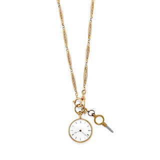 A 18K and 9K yellow gold clock with chain
