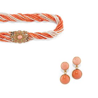 A 18K coral, diamond and pearl necklace and earring