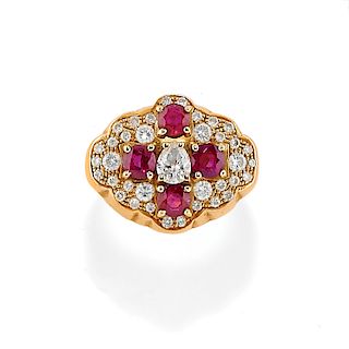 A 18K gold , ruby and diamond ring