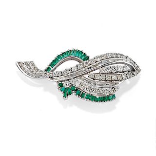 A 18K white gold, diamond, emerald brooch and earring, partly illustrated