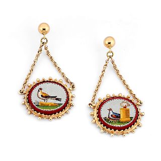 A 14K and 18K yellow gold and micromosaic earring