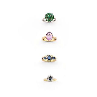 A 18K yellow gold, diamond, sapphire, and amethyst four rings