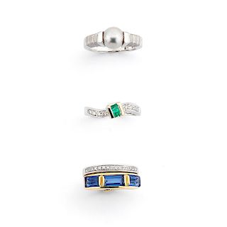 Three 18K gold colored gemstones, diamond and pearl rings