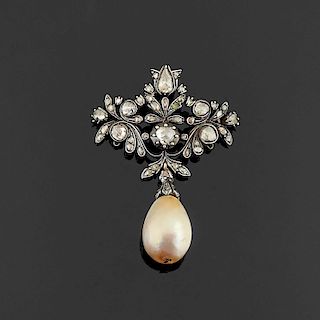 A gold and silver, natural pearl and diamond brooch, 19th Century, G.C.S Certificate