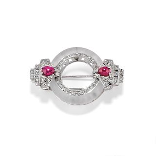 A 18K white gold, diamond, ruby and rock crystal brooch