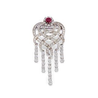 A 18K white gold, diamond and ruby brooch-pendant