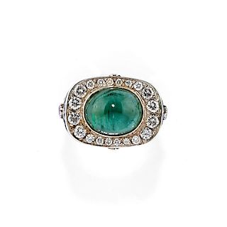 A 18K white gold, enamel, emerald and diamond ring