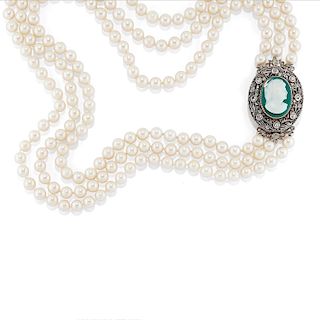 A silver, gold, cultured pearl and cammeo necklace 