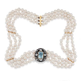 A silver, 18K gold, aquamarine, diamond and pearl necklace