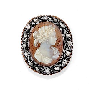 A silver, gold, cameo and diamond brooch