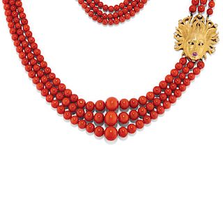 A 18K yellow gold, coral, pink sapphire and diamond necklace
