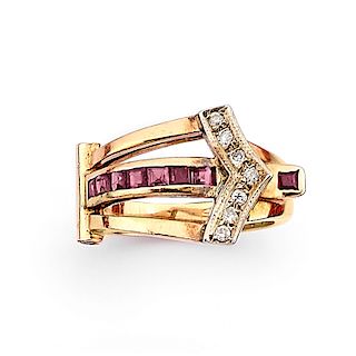 A 18K red gold, ruby and diamond ring, 1940 circa