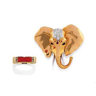 A 18K yellow gold, diamond, coral, and colored gemstones brooch and ring