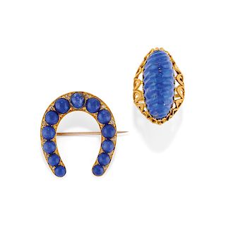 A 18K yellow gold and lapislazuli brooch and ring