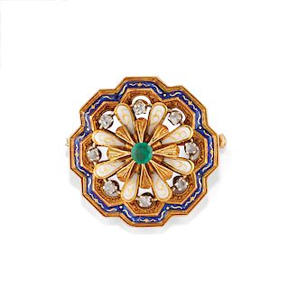 A 18K yellow gold, enamel, emerald and diamond brooch, Early 19th Century
