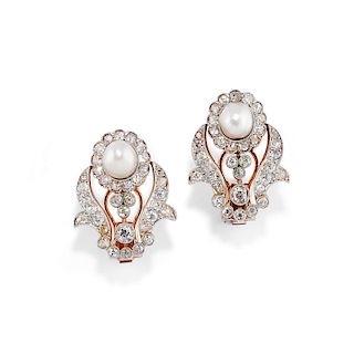 A 18K gold, natural pearl and diamond earring, G.C.S. Certificate