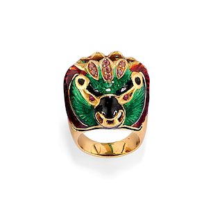A 18K yellow gold, enamel and colored gemstone ring