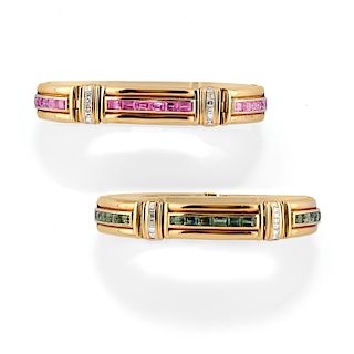 Two 18K gold, green, pink sapphire and diamond bracelets