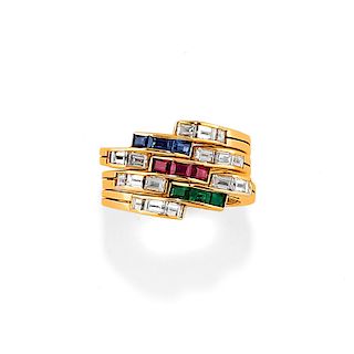 A 18k yellow gold, diamond, sapphire, ruby and emerald rings