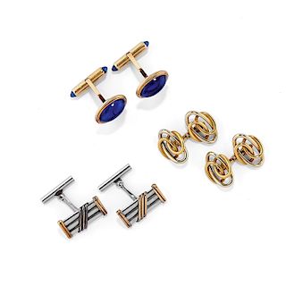 Three couple of 18K two-color gold, steel and blue synthetic gemstone cufflinks