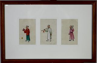 19th C Chinese Watercolor Triptych on Pith