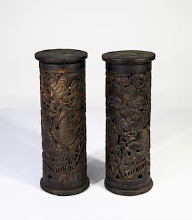 Pair of Chinese Carved Wooden Incense Barrels