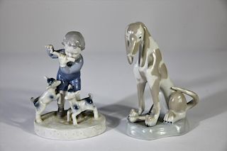 (2) German Porcelain Figures, Boy & Dogs