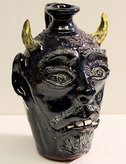 Outsider Art, Bobby Ferguson, Devil Face Jug-Blue