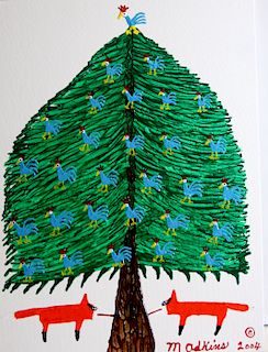 Outsider Art, Minnie Adkins, Untitled (2 foxes at base of Christmas tree w/ chickens)