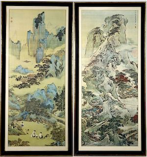 (2) Signed Chinese Scroll Prints, Mountain Scene