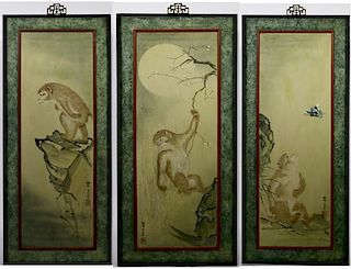 Three (3) Chinese Monkey Panels, Signed