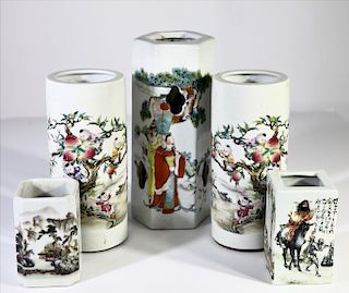 (5) Chinese Hand Painted Porcelain Brush Pots