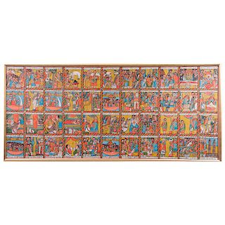 Anónimo. Etiopía, siglo XX. La Historia del la Reina de Saba. Acrílico sobre tela. Enmarcado. Con 44 retablos.