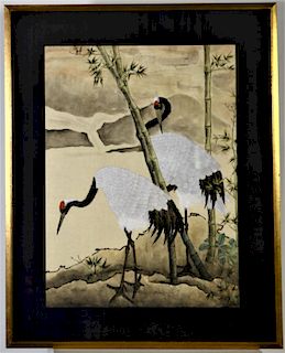 Chinese Painting of Red Crowned Cranes, Watercolor