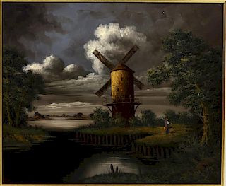 20th C. Dutch O/C, Signed Windmill Scene