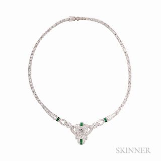 Art Deco Platinum, Diamond, and Emerald Necklace