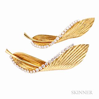 Pair of 18kt Gold and Diamond Feather Brooches, Cartier