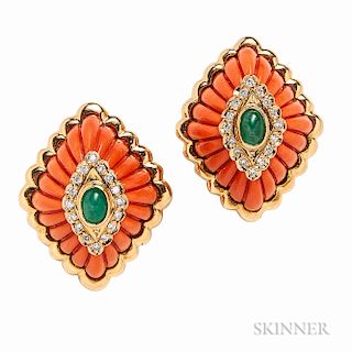 18kt Gold, Coral, Emerald, and Diamond Earclips
